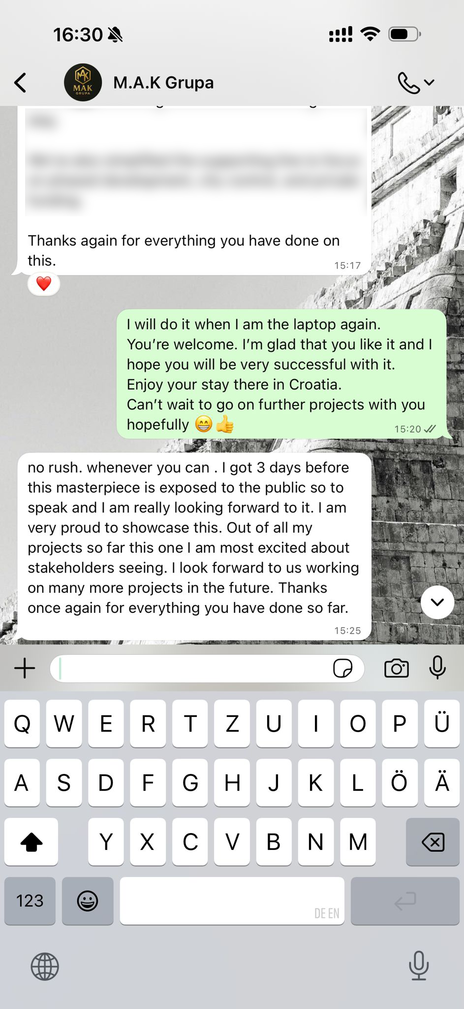 WhatsApp message from M.A.K Grupa